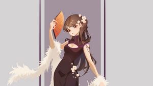 Preview wallpaper girl, dress, fan, anime, art