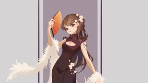 Preview wallpaper girl, dress, fan, anime, art