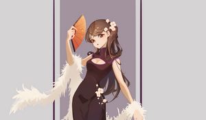 Preview wallpaper girl, dress, fan, anime, art