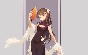 Preview wallpaper girl, dress, fan, anime, art