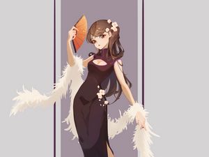 Preview wallpaper girl, dress, fan, anime, art