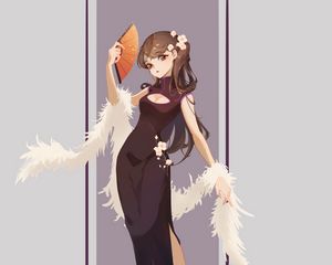 Preview wallpaper girl, dress, fan, anime, art