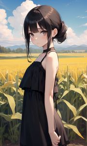 Preview wallpaper girl, dress, field, clouds, anime