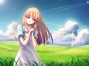 Preview wallpaper girl, dress, field, anime, art