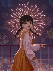 Preview wallpaper girl, dress, fireworks, anime