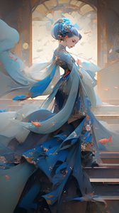 Preview wallpaper girl, dress, fish, stairs, anime, art