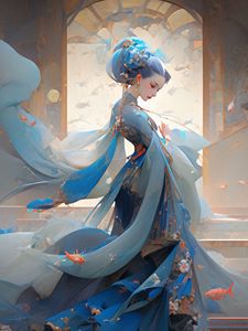 Preview wallpaper girl, dress, fish, stairs, anime, art