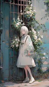Preview wallpaper girl, dress, flowers, wall, anime