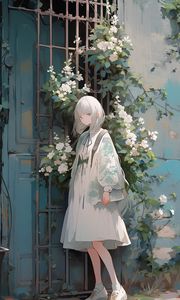 Preview wallpaper girl, dress, flowers, wall, anime