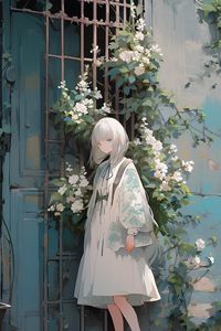 Preview wallpaper girl, dress, flowers, wall, anime