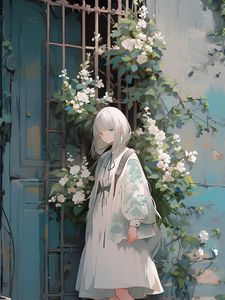 Preview wallpaper girl, dress, flowers, wall, anime