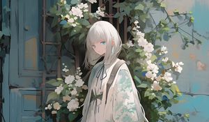 Preview wallpaper girl, dress, flowers, wall, anime
