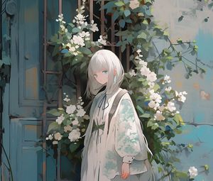 Preview wallpaper girl, dress, flowers, wall, anime
