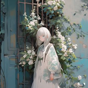 Preview wallpaper girl, dress, flowers, wall, anime