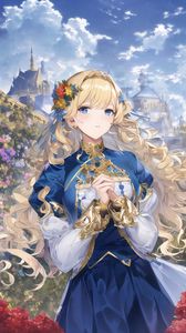 Preview wallpaper girl, dress, flowers, buildings, art, anime