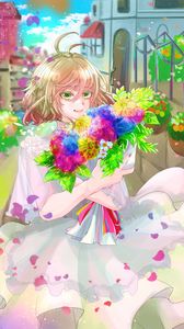 Preview wallpaper girl, dress, flowers, bouquet, anime, art, cartoon