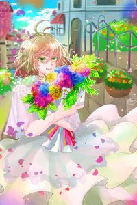 Preview wallpaper girl, dress, flowers, bouquet, anime, art, cartoon