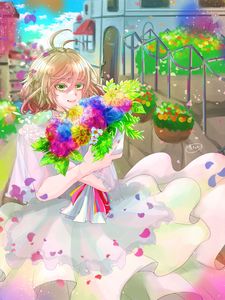 Preview wallpaper girl, dress, flowers, bouquet, anime, art, cartoon