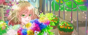 Preview wallpaper girl, dress, flowers, bouquet, anime, art, cartoon