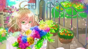 Preview wallpaper girl, dress, flowers, bouquet, anime, art, cartoon