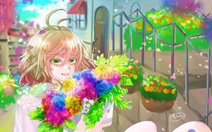 Preview wallpaper girl, dress, flowers, bouquet, anime, art, cartoon