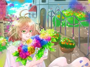 Preview wallpaper girl, dress, flowers, bouquet, anime, art, cartoon