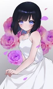 Preview wallpaper girl, dress, flowers, petals, glance, anime, art, cartoon