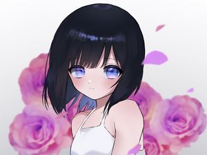 Preview wallpaper girl, dress, flowers, petals, glance, anime, art, cartoon