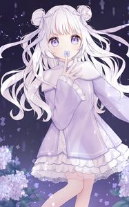 Preview wallpaper girl, dress, flowers, anime, art, purple