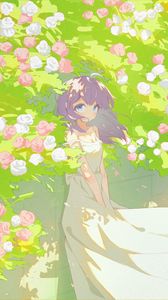 Preview wallpaper girl, dress, flowers, wind, anime