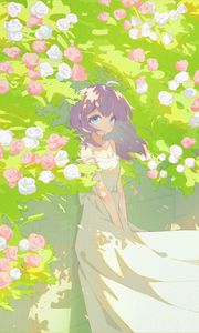 Preview wallpaper girl, dress, flowers, wind, anime