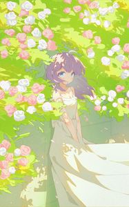 Preview wallpaper girl, dress, flowers, wind, anime