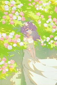 Preview wallpaper girl, dress, flowers, wind, anime