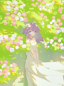 Preview wallpaper girl, dress, flowers, wind, anime