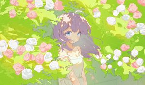 Preview wallpaper girl, dress, flowers, wind, anime