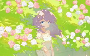 Preview wallpaper girl, dress, flowers, wind, anime