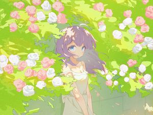 Preview wallpaper girl, dress, flowers, wind, anime