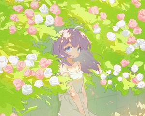 Preview wallpaper girl, dress, flowers, wind, anime