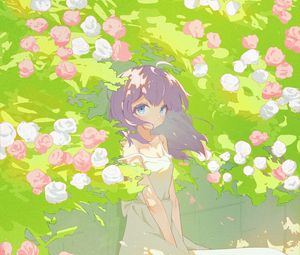 Preview wallpaper girl, dress, flowers, wind, anime