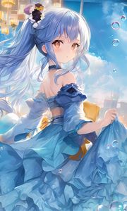 Preview wallpaper girl, dress, flowers, blue, anime