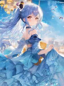 Preview wallpaper girl, dress, flowers, blue, anime
