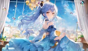 Preview wallpaper girl, dress, flowers, blue, anime