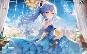 Preview wallpaper girl, dress, flowers, blue, anime