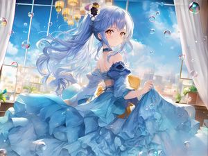 Preview wallpaper girl, dress, flowers, blue, anime