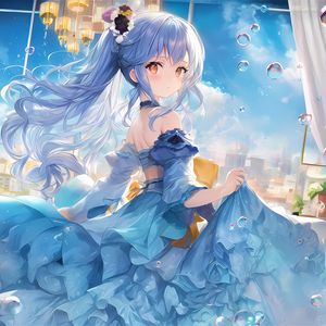 Preview wallpaper girl, dress, flowers, blue, anime