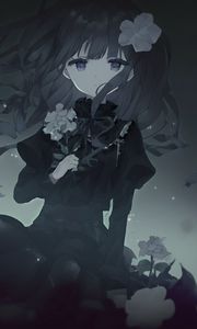 Preview wallpaper girl, dress, flowers, black and white, anime