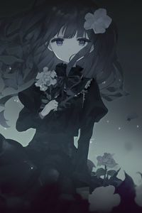 Preview wallpaper girl, dress, flowers, black and white, anime