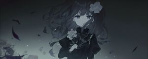 Preview wallpaper girl, dress, flowers, black and white, anime