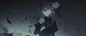 Preview wallpaper girl, dress, flowers, black and white, anime