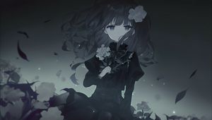 Preview wallpaper girl, dress, flowers, black and white, anime